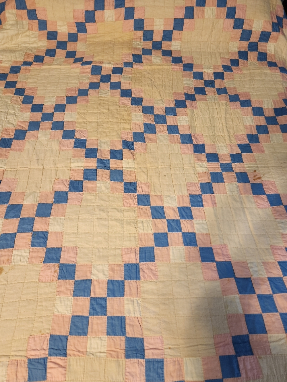 Vintage/Antique Cream, Blue & Pink Patchwork Quilt - Home Bedding
